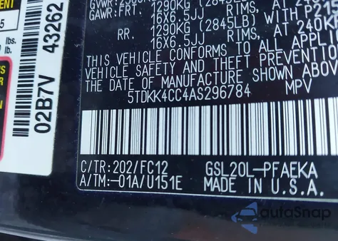 2010 Toyota Sienna Le из США, поврежденный, VIN 5TDKK4CC4AS296784